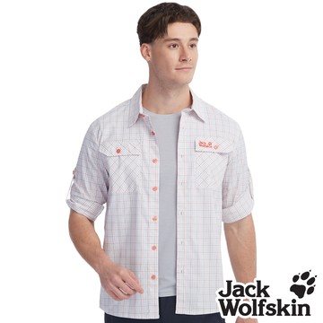 【Jack wolfskin飛狼】男 美式格紋 可捲袖長袖防曬襯衫『米底紅格』