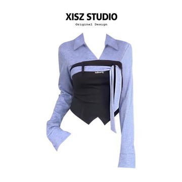 韓系撞色假兩件翻領設計感針織衫女秋冬小眾別致顯瘦短款內搭上衣