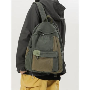 復古日系百搭帆布雙肩包女學生上課書包撞色拼塊大容量休閑背包男