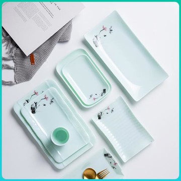 密胺淺綠色荷花盤子中式快餐店飯菜盤橢圓形魚盤長方形盤碟子創意