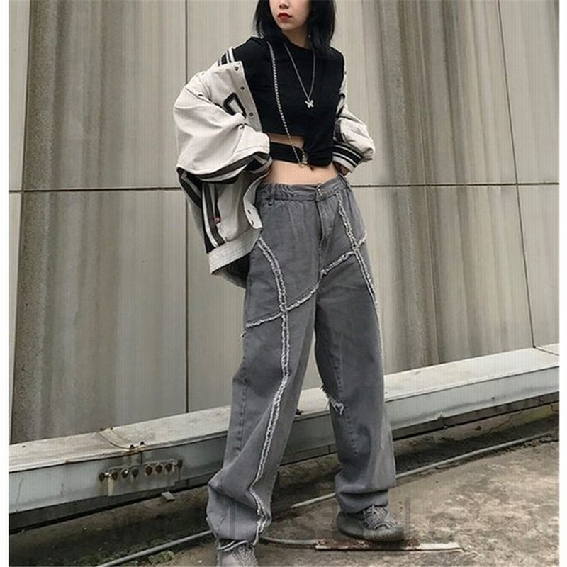デニムワイドパンツ韓国オルチャンストリートダンス衣装原宿系ジーンズ切替グレーストレートラインフリンジボトムス 通販 Lineポイント最大0 5 Get Lineショッピング