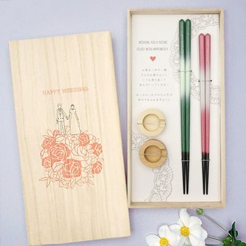 筷子禮物組 Happy Wedding 花束 禮物組 桐木盒裝 2雙筷子&筷架