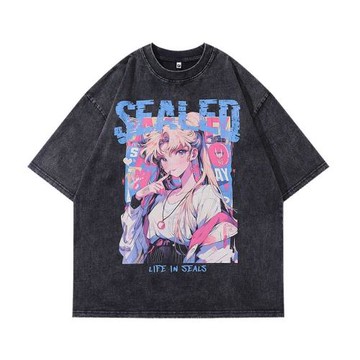 OFANG 二次元動漫美少女印花半袖Vintage男女洗水做舊可愛打底tee