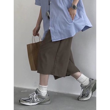 夏季日系港風咖色工裝中褲男女寬松闊腿褲原宿風短褲休閑百搭西褲