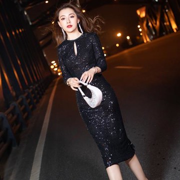 高端晚禮服女2026新款高貴氣質生日宴會性感黑色中長款亮片連衣裙