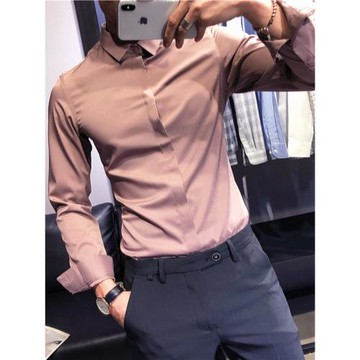 襯衫男士冰絲帥氣暗扣長袖修身免燙休閑正裝潮流韓版痞帥潮男襯衣