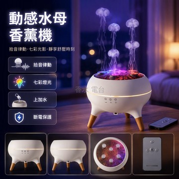 台灣出貨 五孔水母造型霧化器 拾音律動噴霧機 四八小時定時香薰機 七彩燈光氛圍燈 三腳木架桌面擺件