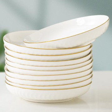 盤子家用菜盤套裝大號8英寸深盤加厚描金餐盤創意歐式浮雕盤子