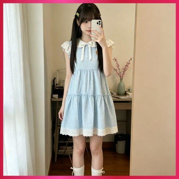 『ATC』夏日洋裝女 ins可愛小熊格子蝴蝶結設計睡裙新款夏日超仙甜美飛飛袖洋裝
