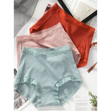 3條純棉內褲女中高腰加大碼胖MM200斤收腹全棉蕾絲邊純色三角短褲
