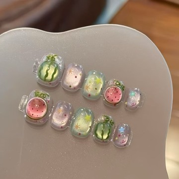 【這瓜包甜】純手工穿戴甲西瓜美甲短款甜美假指甲貼顯白可愛甲片