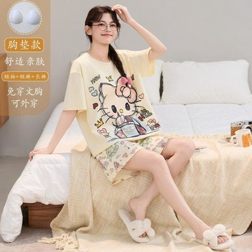 睡衣女夏季新款可愛甜美風薄款短袖短褲可外穿學生家居服套裝胸墊睡衣短袖睡衣韓版睡衣帶胸墊睡衣夏季短袖睡衣