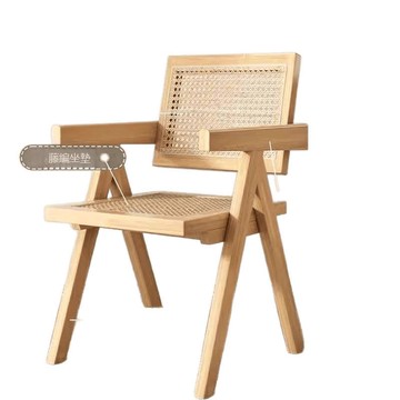 昌迪加爾椅子家用藤編餐椅實木北歐原木風民宿靠背網紅侘寂風餐椅[DD010109]