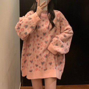 2021年新款超仙軟糯復古圣誕粉色毛衣女秋冬設計感小眾寬松慵懶風