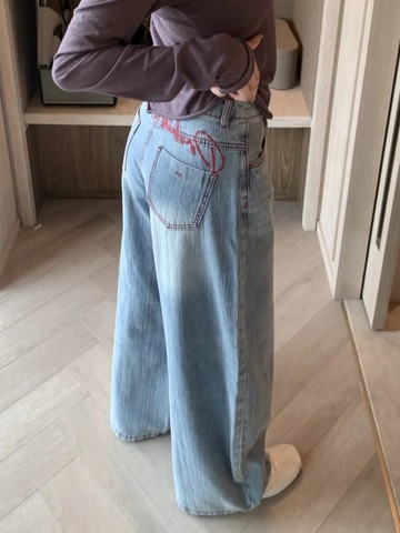 小個子美式復古刺繡高腰寬牛仔褲女百搭垂感寬鬆顯瘦直筒長褲潮 YC005