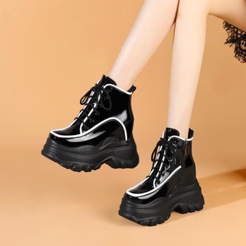 12CM厚底內增高高幫鞋秋季新款真皮漆皮松糕底運動鞋超高跟老爹鞋