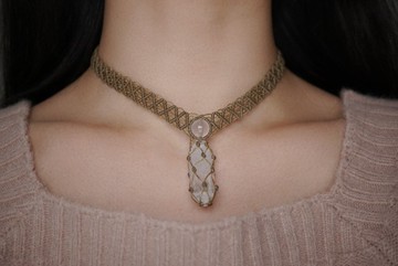 粉晶 白水晶 蠟線編織頸圈