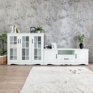 Birdie南亞塑鋼-鄉村歐風9.1尺格子窗L型電視櫃組合(4.1尺展示矮櫃+5尺電視長櫃)(白色)-271.3x42.6x107.4cm