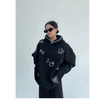 【RICECAKE & OISIS】美式釘珠 植絨印花 帽t 高級感 百搭 oversize 連帽衛衣 女