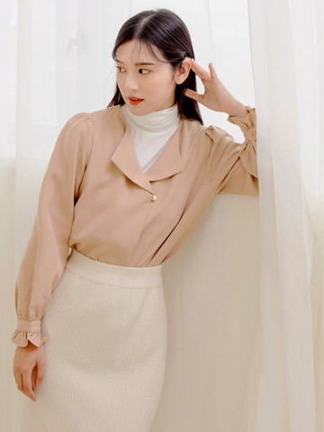 造型翻領珍珠釦飾拋袖襯衫/上衣