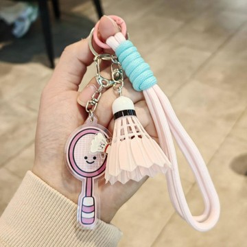 桃園出貨✨卡通羽毛球拍鑰匙扣可愛運動風旋轉羽毛球掛件繩編織手繩掛飾禮物