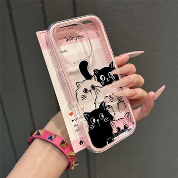 免運+隔日🚚大孔手機殼 可愛黑線貓咪 適用於蘋果17promax 16Pro 15plus 14 13 12 11防摔