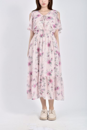 (S) 質感雪紡鬆緊腰短袖粉色洋裝