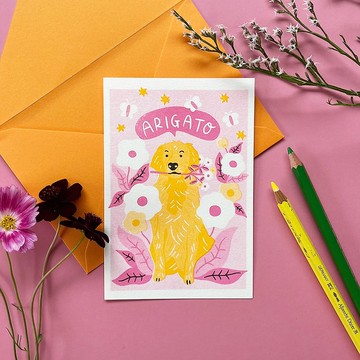 「ARIGATO」感謝卡 信封組 - 黃金獵犬款-