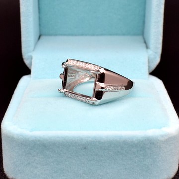 925純銀男士長方形10*14戒指銀托鍍18K未鑲嵌寶石簡約活口款