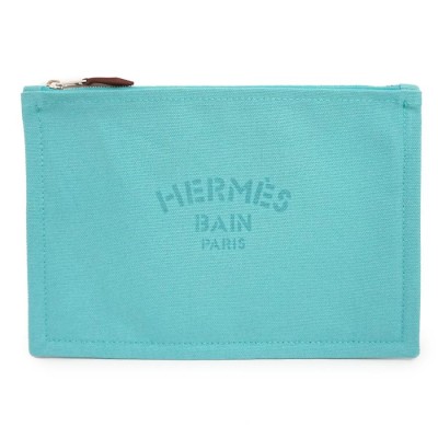 HERMES エルメス キャンバス フラット ポーチ グリーン 緑 シルバー金具-