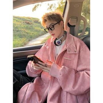 (免運)高街粉色做舊皮衣外套男士2025秋冬新款痞帥寬松pu皮加絨加厚夾克