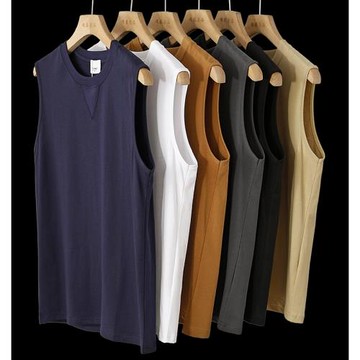 線下399！HK訂單！重磅雙紗長絨棉圓領純色打底背心無袖T恤上衣男