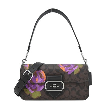 COACH Morgan 皮扣造型花朵印PVC手提/斜背酒神兩用包(咖啡紫)