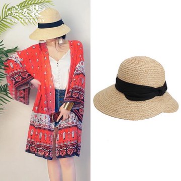 ins大熱的手工編織拉菲草帽蝴蝶結赫本風夏休閑沙灘防曬遮陽帽女