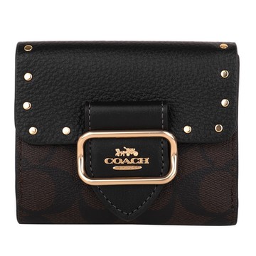 COACH 金屬框鉚釘飾邊拼色暗釦皮革短夾(深咖x黑)