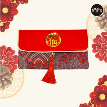 摩達客◉春節開運招財◉高級綢緞橫式金福字祥雲流蘇藝術紅包袋錢包/單入