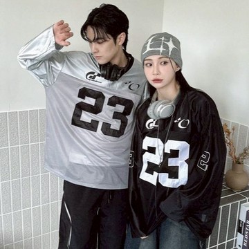 WP| 23號 V領 透網寬鬆球衣  球衣上衣 美式球衣  韓系街拍 長袖  灰色 黑色 無彩色 98234