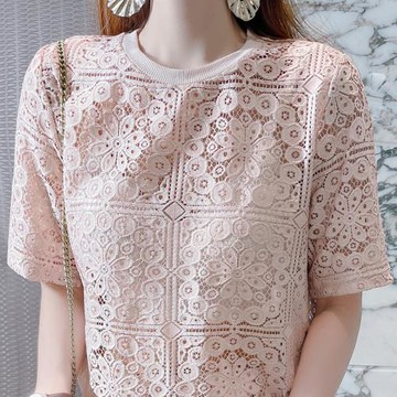 粉色蕾絲上衣女夏季短袖T恤薄款內搭洋氣小衫性感鏤空網紗打底衫