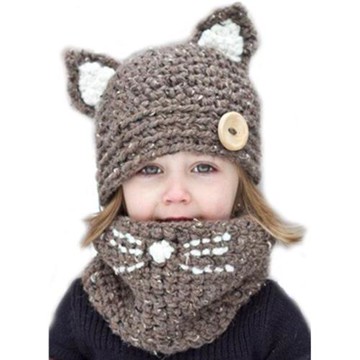 冬季兒童帽子純手工針織毛線護頸貓咪帽卡通動物圍脖兩件套可愛