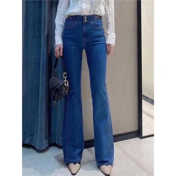恭喜發財新款2025春高腰休閑喇叭褲女顯瘦藍色牛仔褲深色長褲