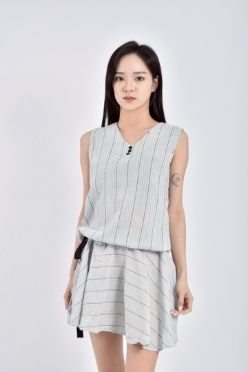 加購優惠(M) elf條紋V領抽繩無袖白色洋裝