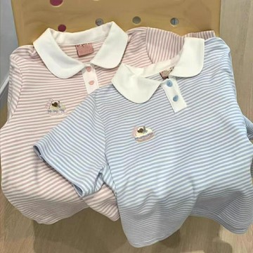 🎀biubiu童裝🎀女童上衣夏天POLO領條紋T恤女童中大童短袖夏季寬鬆穿搭娃娃領