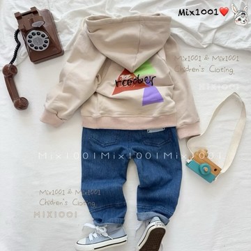 🌈✨mix1001 奶茶粉拼色抽繩連帽上衣✨兒童後三角印圖連帽上衣 5-17