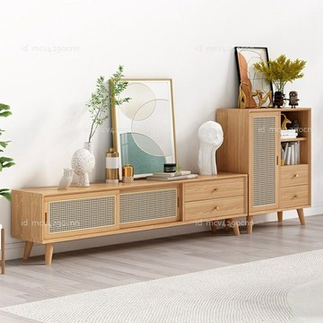 實木家具 電視櫃 床頭櫃 收納櫃 茶櫃 實木電視柜茶幾組合日式客廳小戶型北歐地柜簡約現代藤編儲物柜