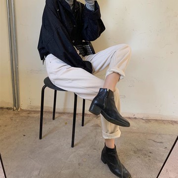 chic百搭加絨高腰直筒牛仔褲休閑垂墜感闊腿褲女1入