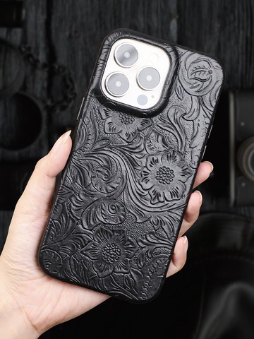 時尚簡約 iPhone 皮革手機殼 iPhone13 Pro / Pro Max 雕花雅黑