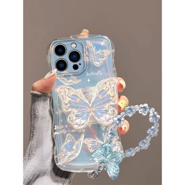 鐳射蝴蝶適用蘋果16promax手機殼ins風15簡約iPhone14保護套全包防摔13高級感12帶手鏈網紅潮牌11仙女plus軟