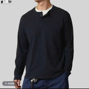 雙層領長袖格亨利男感松弛假兩件工裝百搭t恤慵懶風亨利衫華夫領鑫弘-衣錦男裝