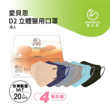 【BABYBELLE 愛貝恩】成人3D D2立體醫用口罩-特殊色系列 20入 (5款選擇)