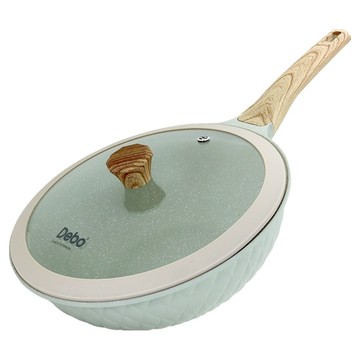 Debo 德鉑廚具 菱格紋單把複底不沾炒鍋 30cm 透明鍋蓋 耐磨 多樣爐具適用  1組